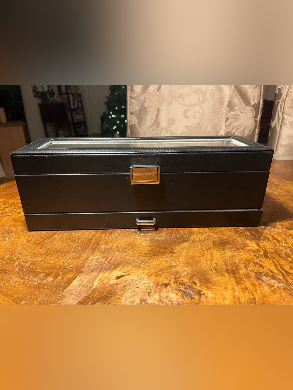 Black Faux Leather 6-Slot Watch Case with Valet Drawer Clear Lid